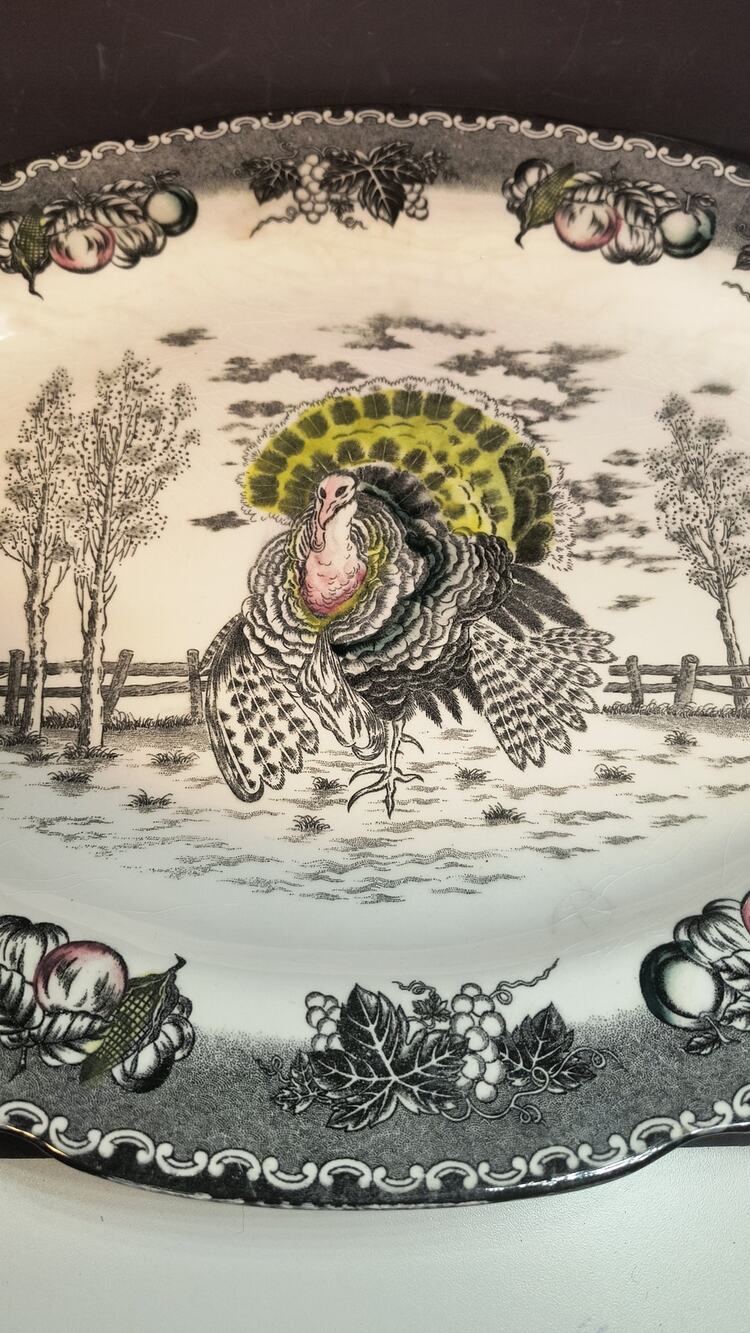 1230.  Platter Hand Colored Transferware Ironstone Turkey Platter